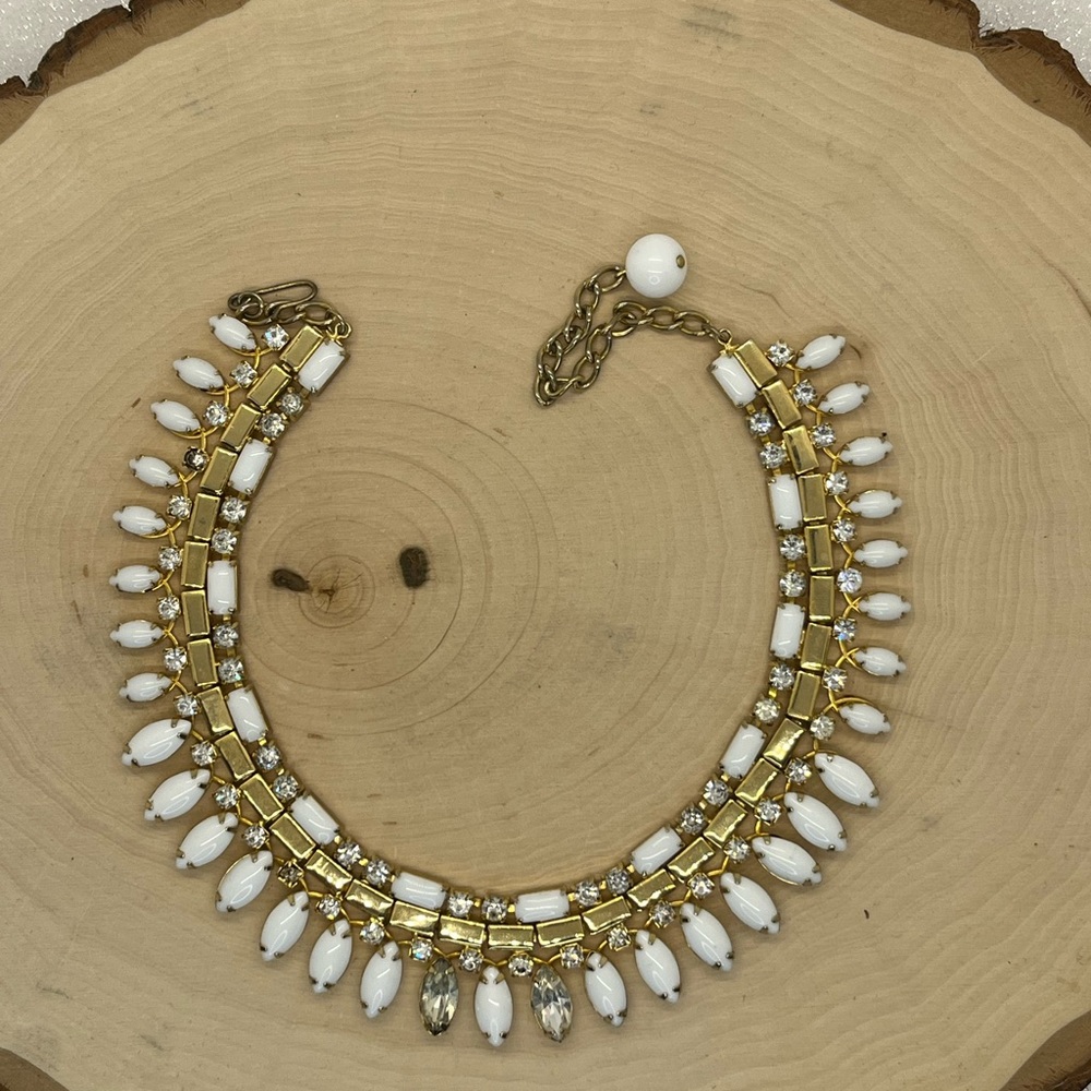 Stunning Designer HOBE Milk Glass Rhinestone Multi Strand Bib Collar Necklace